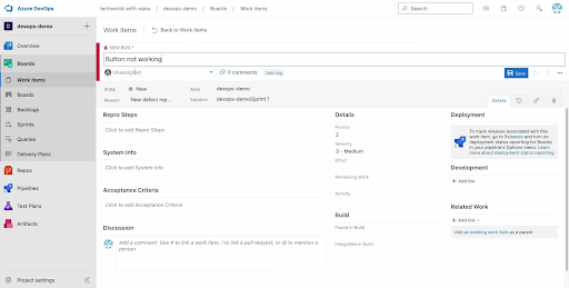 Azure DevOps platform interface. Editing the work item in Azure Boards
