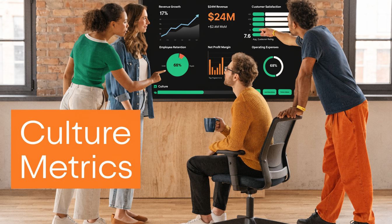 A diverse team of professionals collaboratively reviewing corporate performance metrics on a large digital screen in an office.