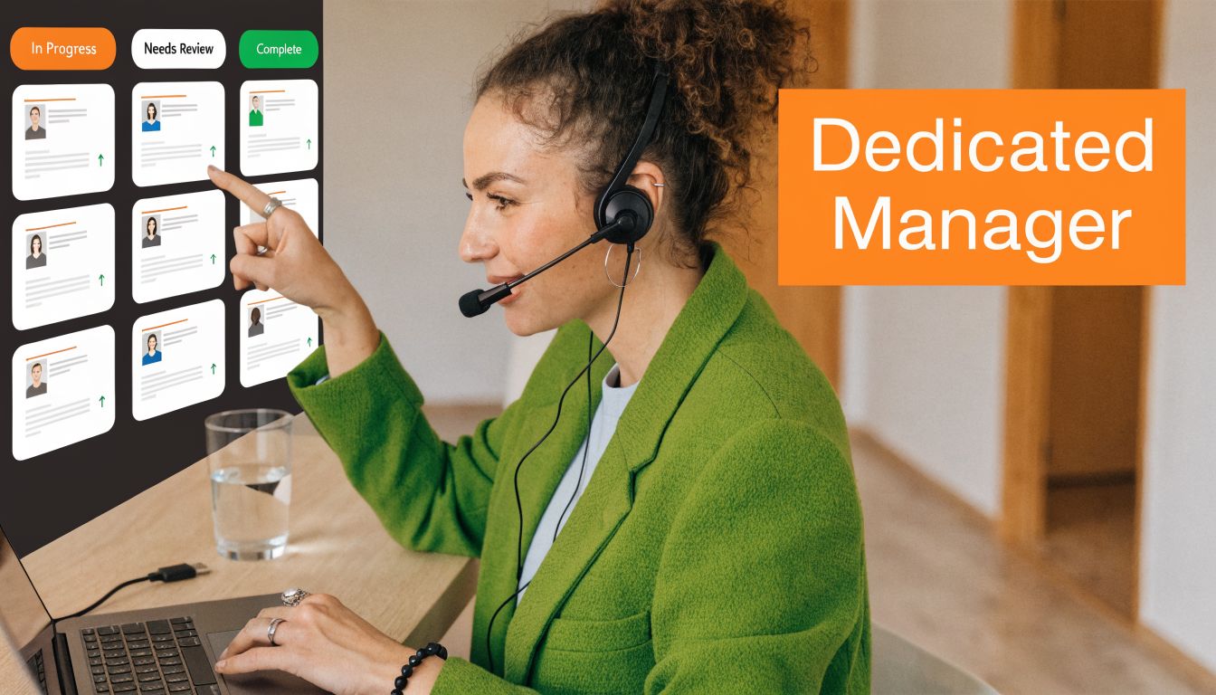 A dedicated manager wearing a headset works at a laptop while managing customer tasks on screen.
