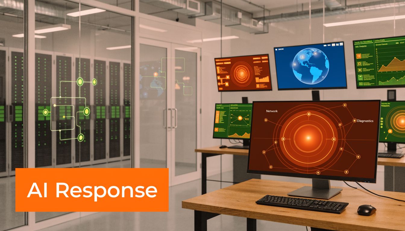 A modern server room with computer monitors displaying real time network diagnostics and digital security data visualization.