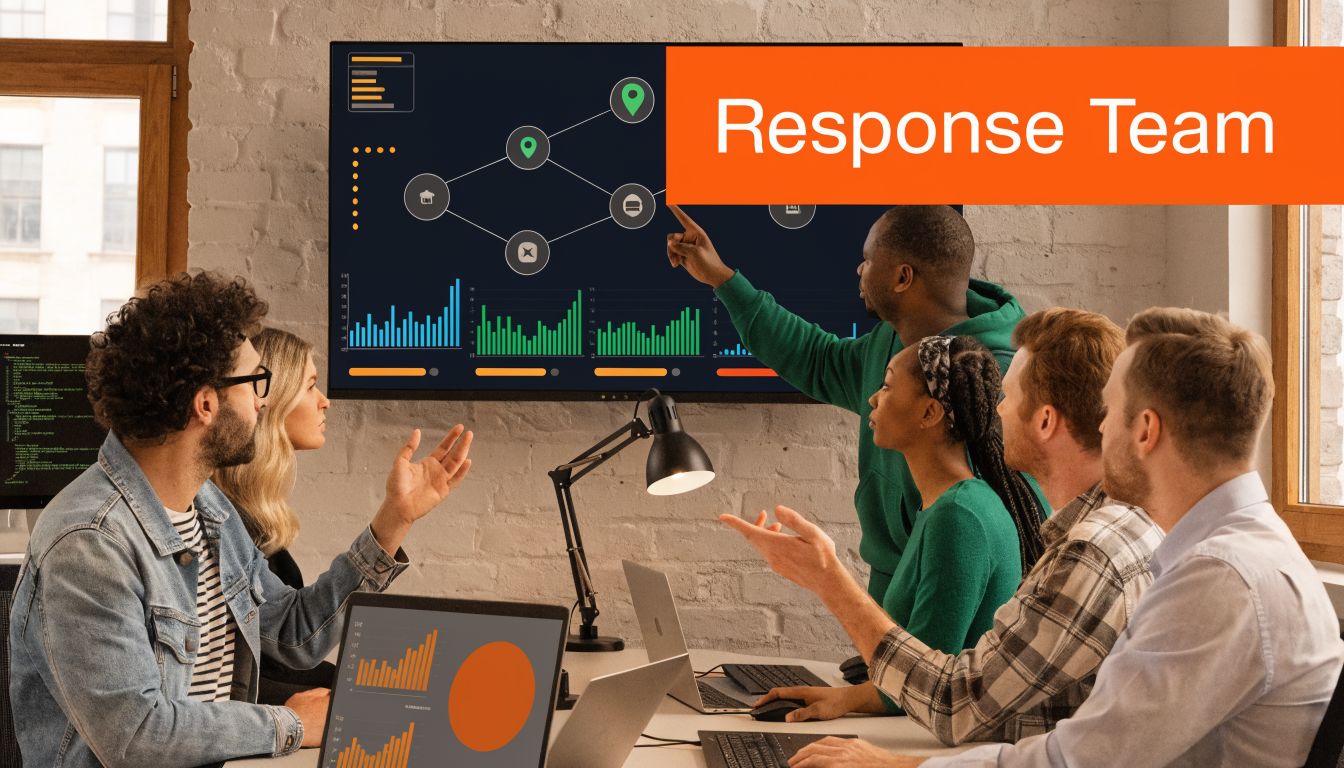 A diverse group of professionals collaborating in an office while reviewing data visualizations on a screen.