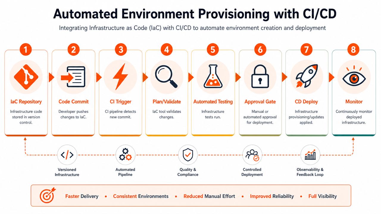 A diagram illustrating the eight-step automated environment provisioning process using infrastructure as code and CI/CD pipelines.