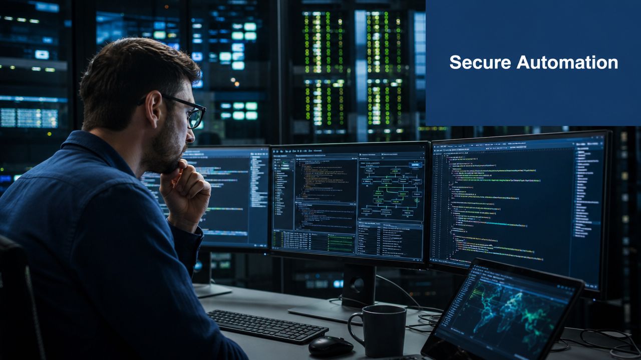 A professional software engineer monitors secure infrastructure as code on multiple computer screens in a dark server room.