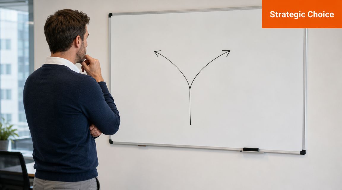 A businessman stands in an office looking at a whiteboard showing a fork in the road diagram.