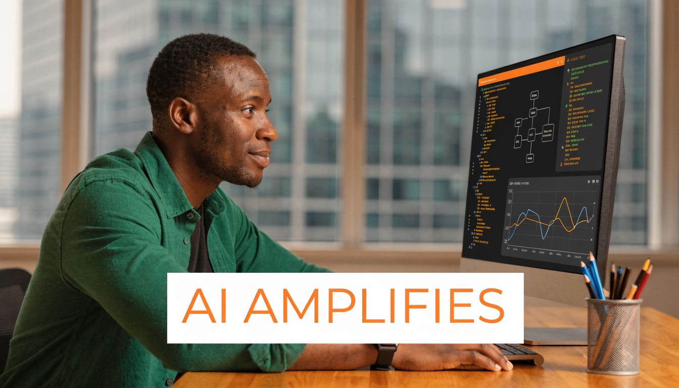 A smiling man working at his computer with code and data visualizations displayed on the screen.