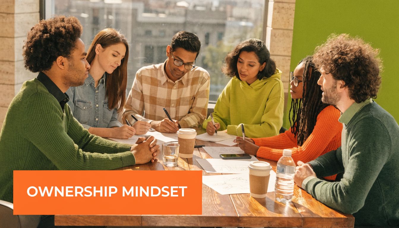 A diverse group of professionals working together at a wooden table in a bright office environment.