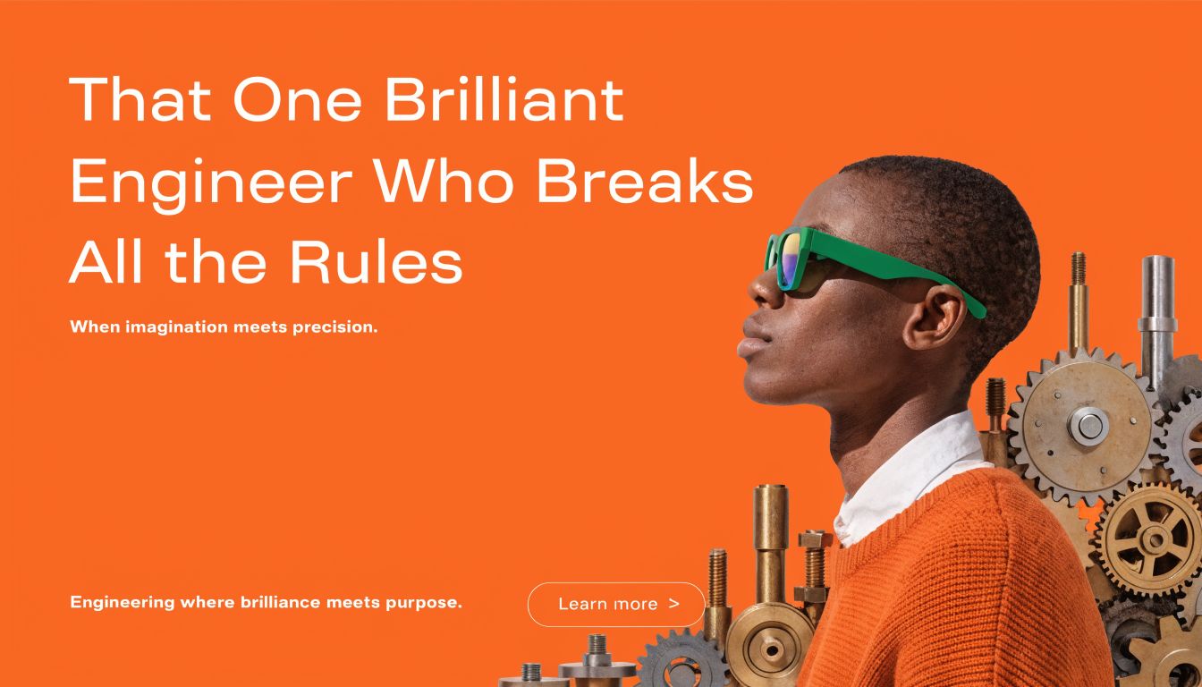 A person wearing bright green glasses looks forward against an orange background with various mechanical gears visible.