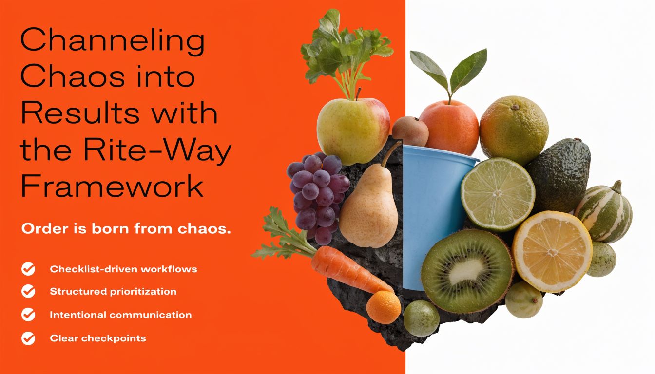 A graphic design promoting the Rite-Way Framework, featuring orange text against a black and white fruit collage.