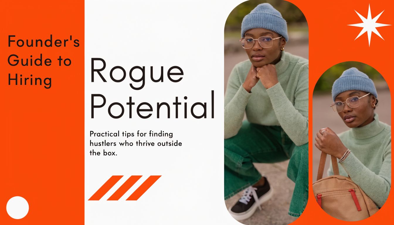 A professional guide cover titled Founder's Guide to Hiring Rogue Potential featuring a stylish woman wearing glasses.