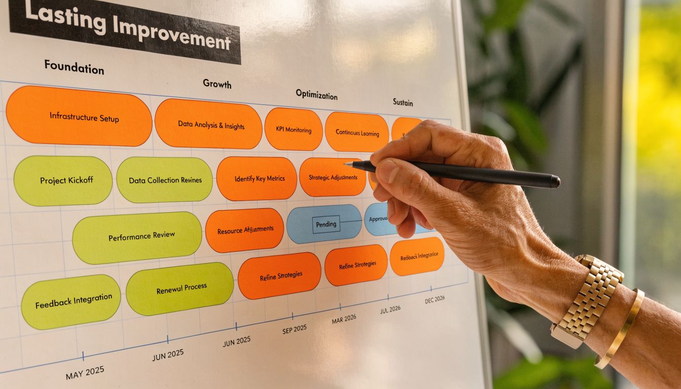 A professional hand using a pen to point at a business strategy roadmap on a whiteboard.