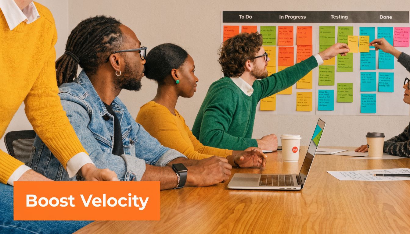 A diverse team collaborating in an office while using a Kanban board to track their project progress.