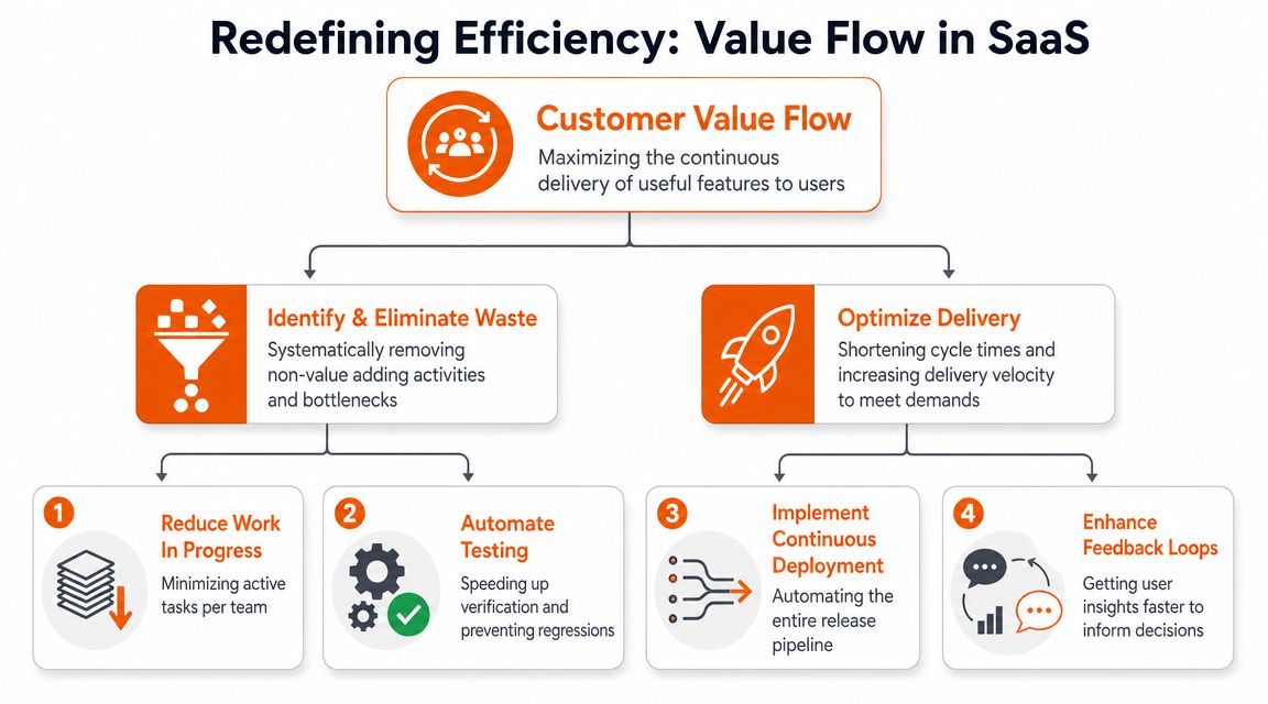 A flowchart explaining how to improve SaaS operational efficiency through value flow, waste elimination, and delivery optimization.