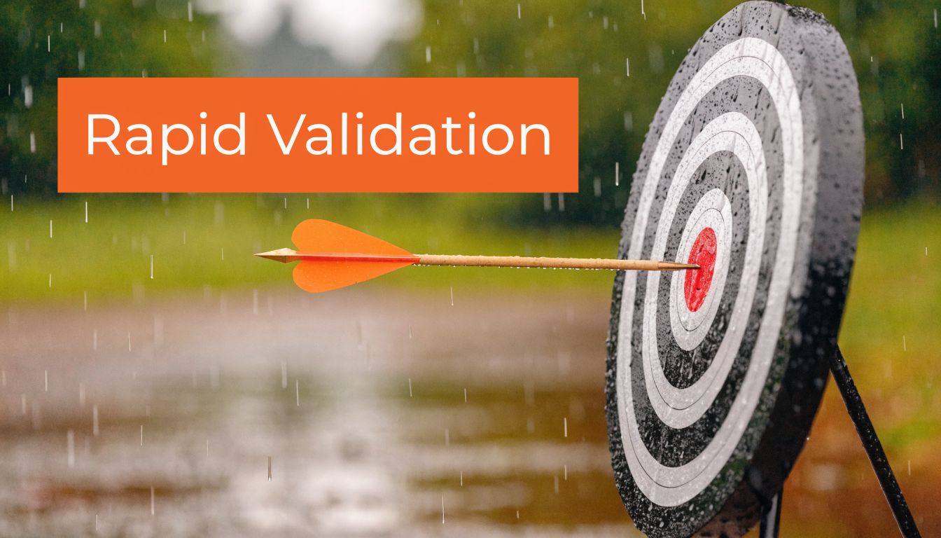 An orange arrow hitting the center of a target during a light rainstorm, symbolizing rapid validation.