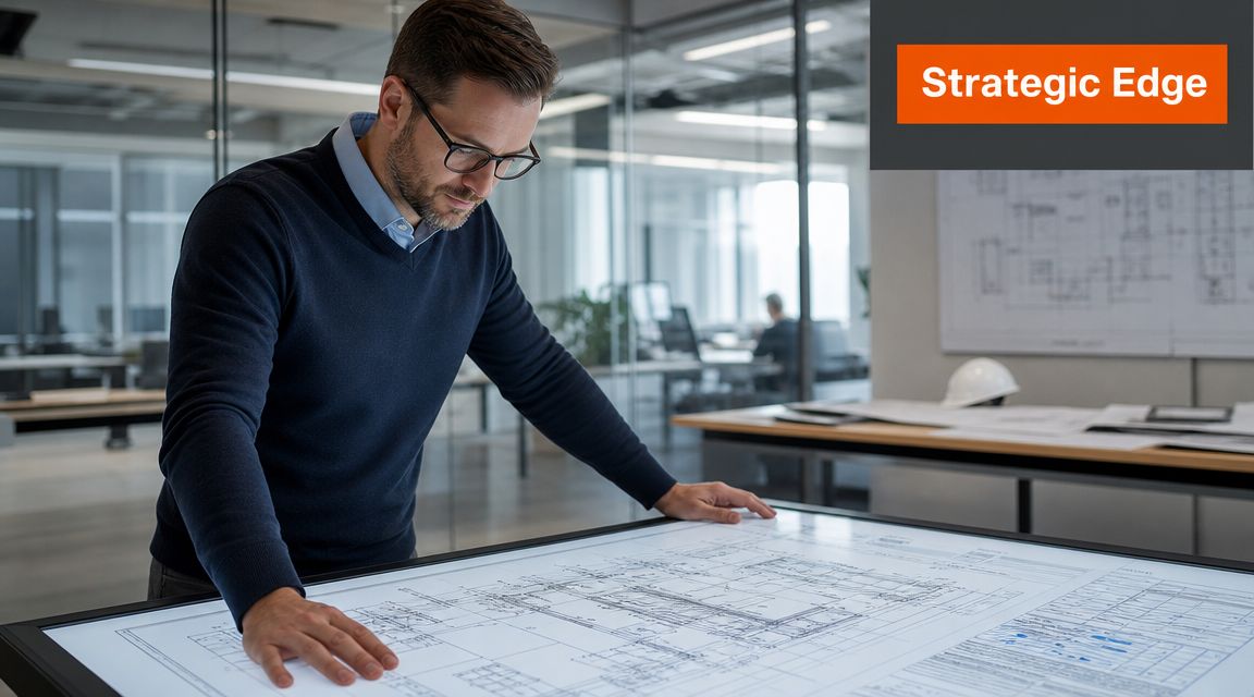 An architect in a modern office reviews a detailed building blueprint on an interactive digital table.