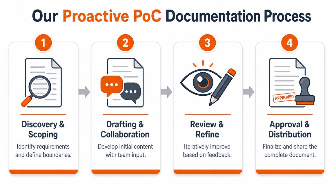 A flowchart showing the four-step proactive proof of concept documentation process from discovery to final approval.