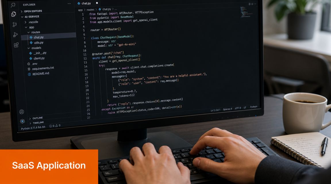 A person writing Python code for a SaaS application on a computer monitor in an office.