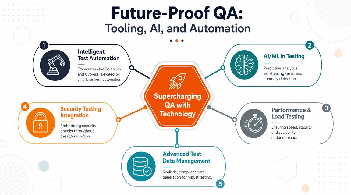 A diagram illustrating five key components for future-proofing quality assurance, including automation, AI, and security testing.