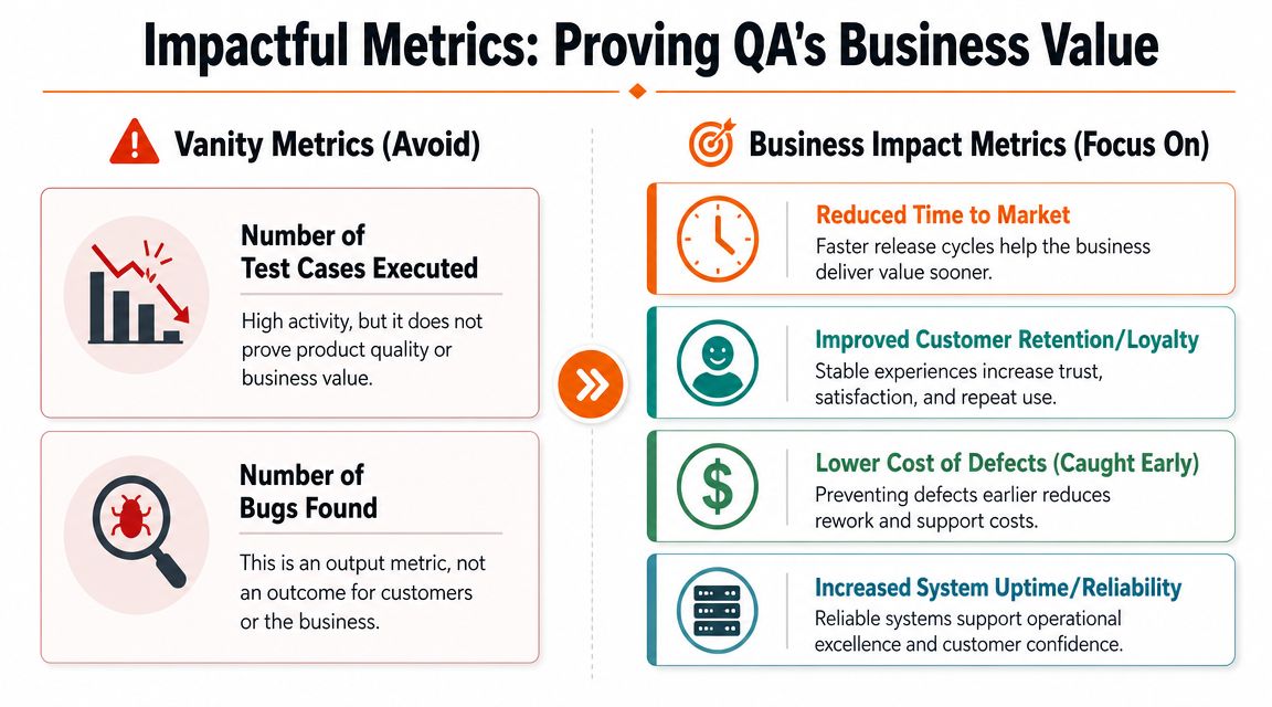 A comparison chart illustrating why QA teams should prioritize business impact metrics over traditional vanity metrics.