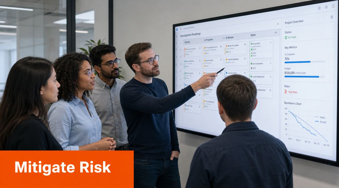 A professional team discussing project progress on a digital whiteboard in a modern office environment.