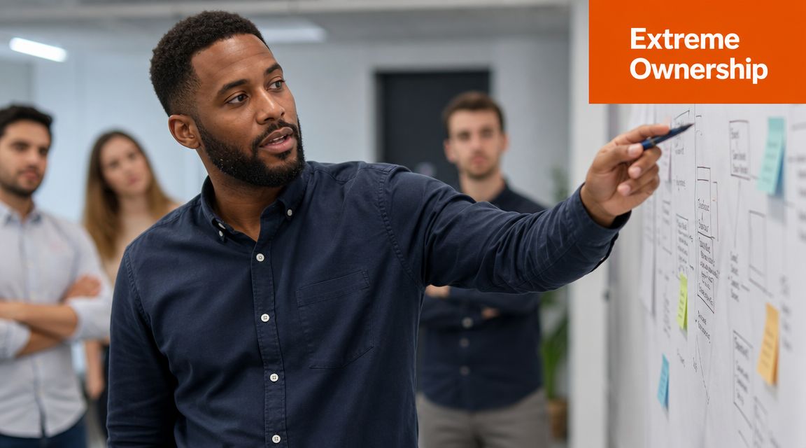 A professional man pointing at a whiteboard during a team meeting about stakeholder communication.