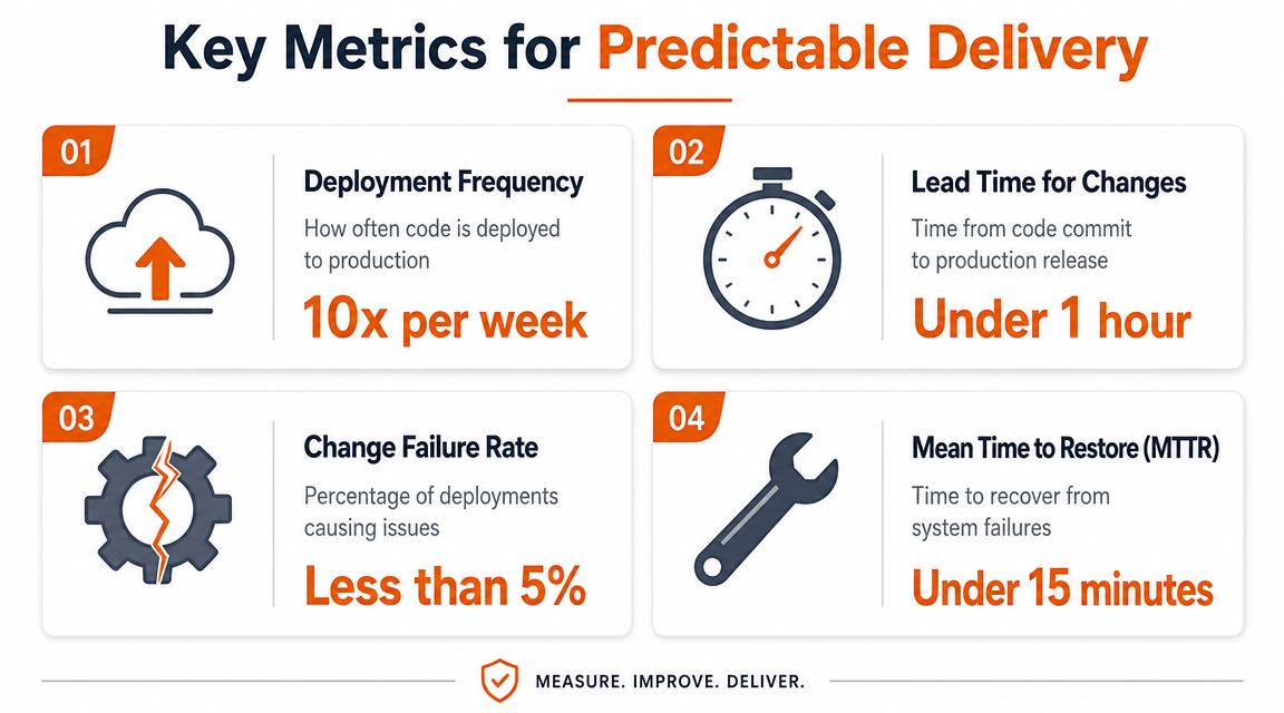 A diagram outlining four key software development metrics for predictable delivery including deployment frequency and restoration time.
