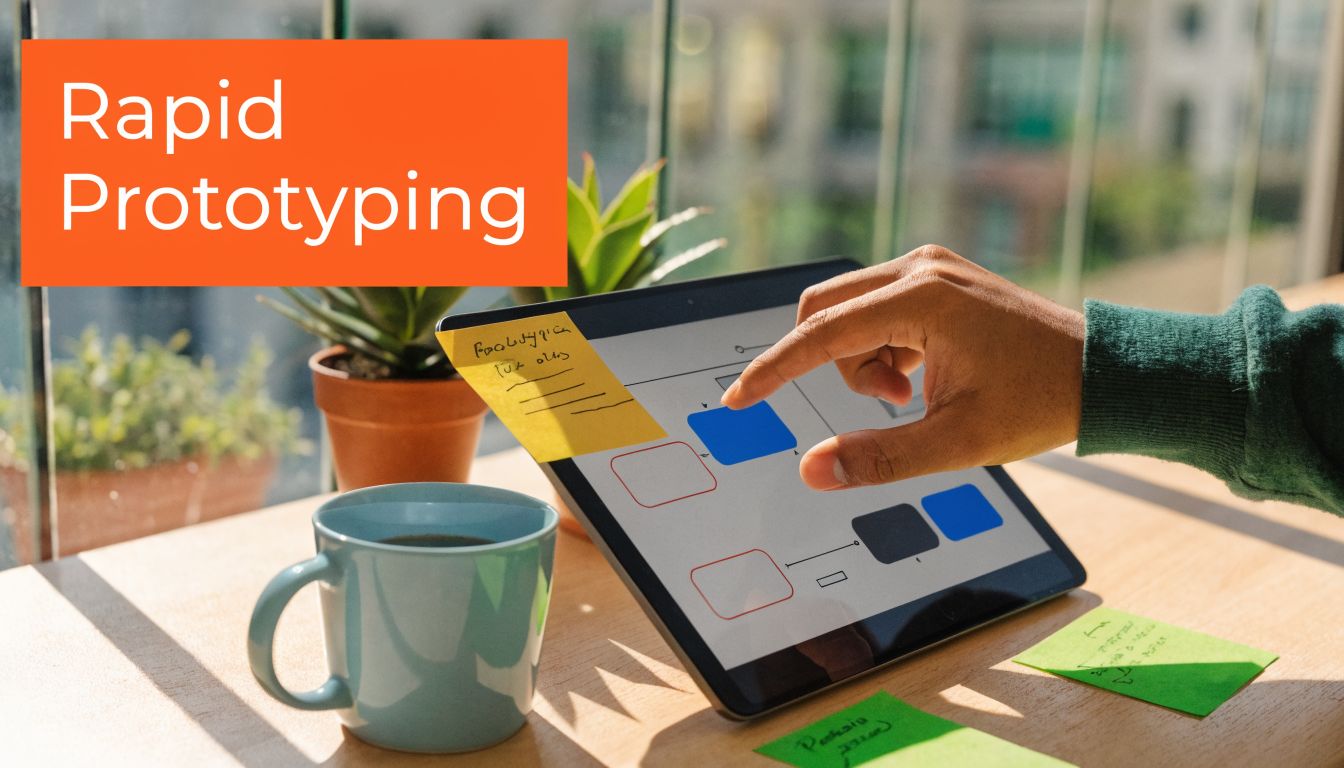 A designer's hand points to a digital wireframe on a tablet, symbolizing a rapid prototyping process.
