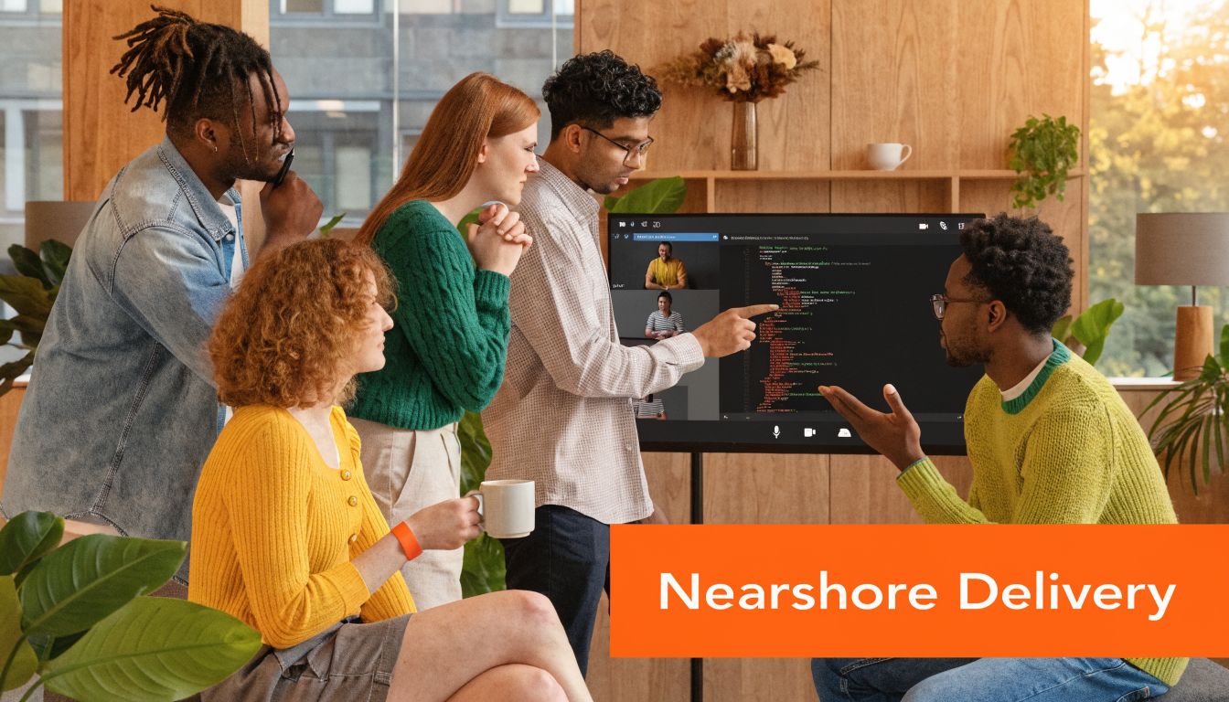 A diverse group of professional team members collaborating on a software project in a modern office space.