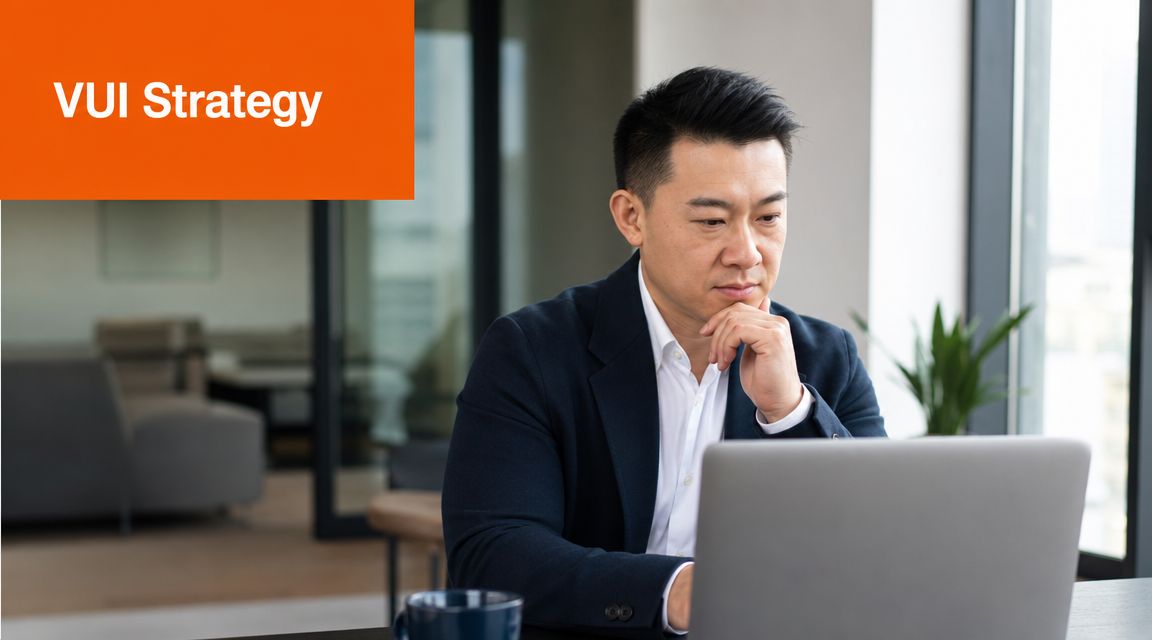 A professional man sitting at a desk and looking thoughtfully at his laptop in an office.