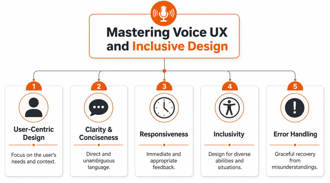 An infographic titled Mastering Voice UX and Inclusive Design illustrating five key principles of voice interface design.