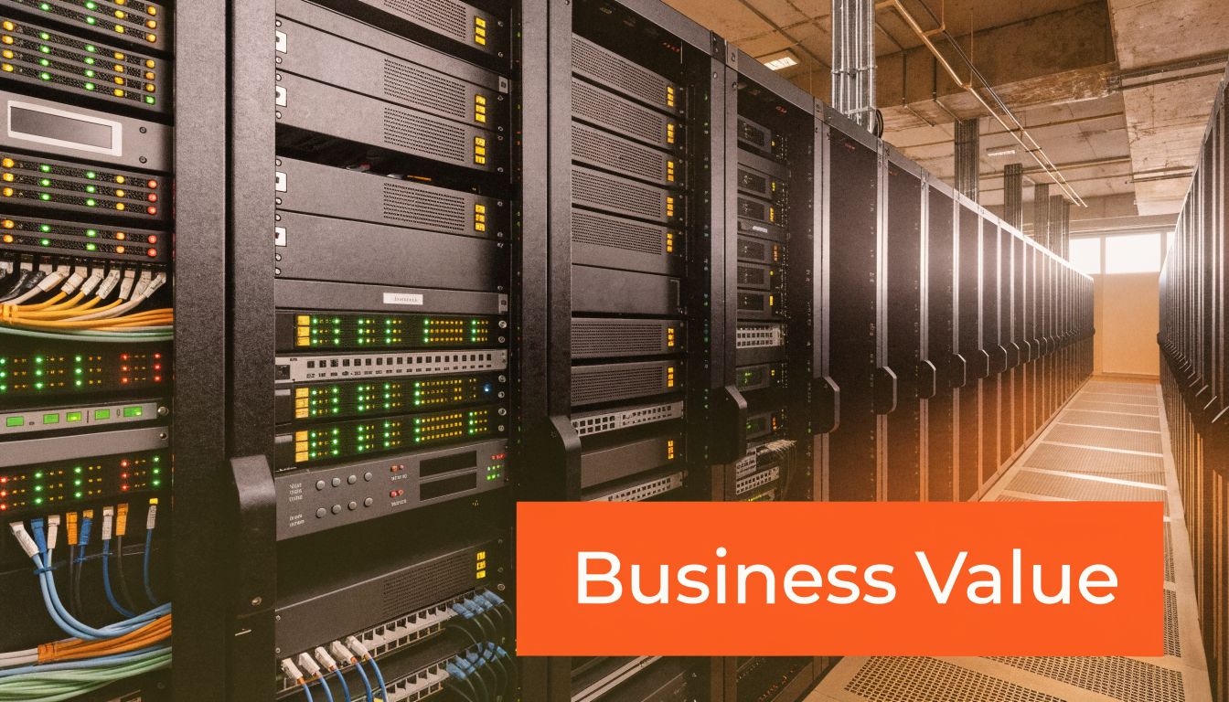 A modern enterprise server room featuring rows of server racks with blinking lights and networking cables.