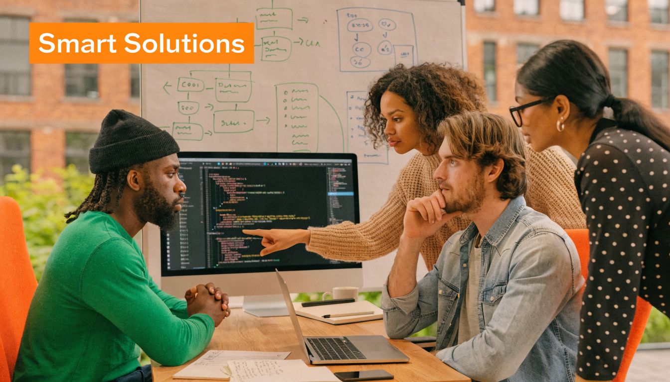 A diverse team of software developers collaborating on computer code in a modern office workspace.