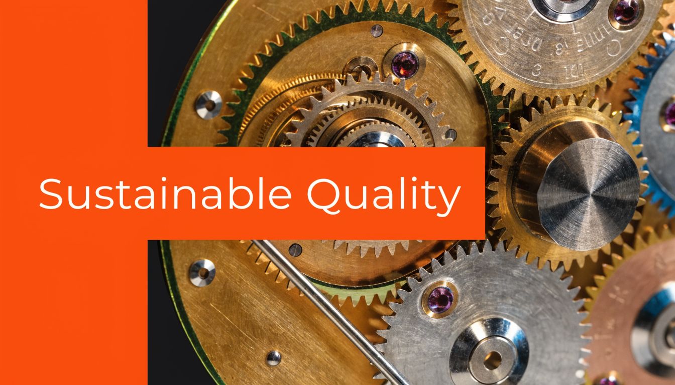 Close-up view of intricate mechanical watch gears highlighted by a bold orange banner with text Sustainable Quality.