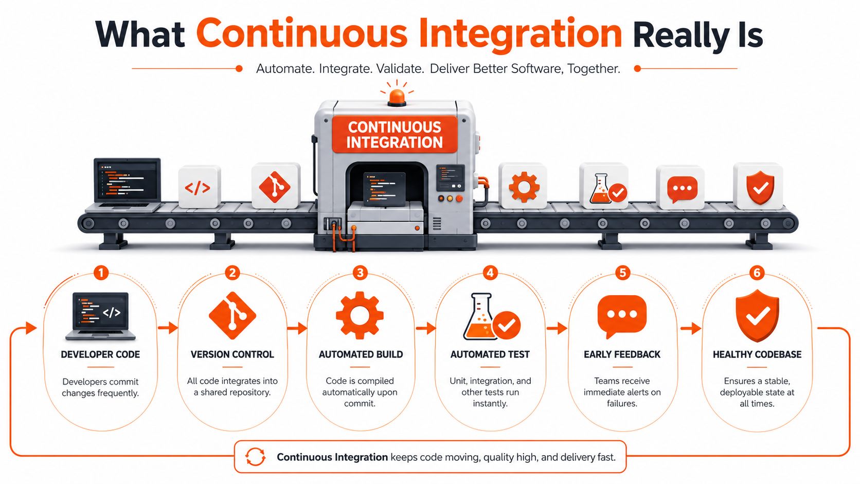 A visual representation of the continuous integration process flow, showcasing steps from development to a healthy codebase.