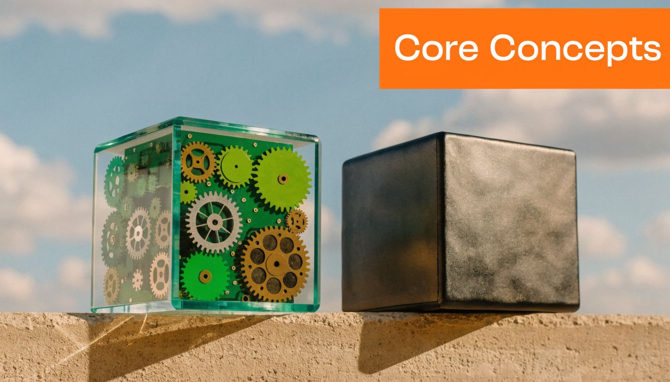 A clear cube containing mechanical gears next to a solid black cube on a ledge outdoors.