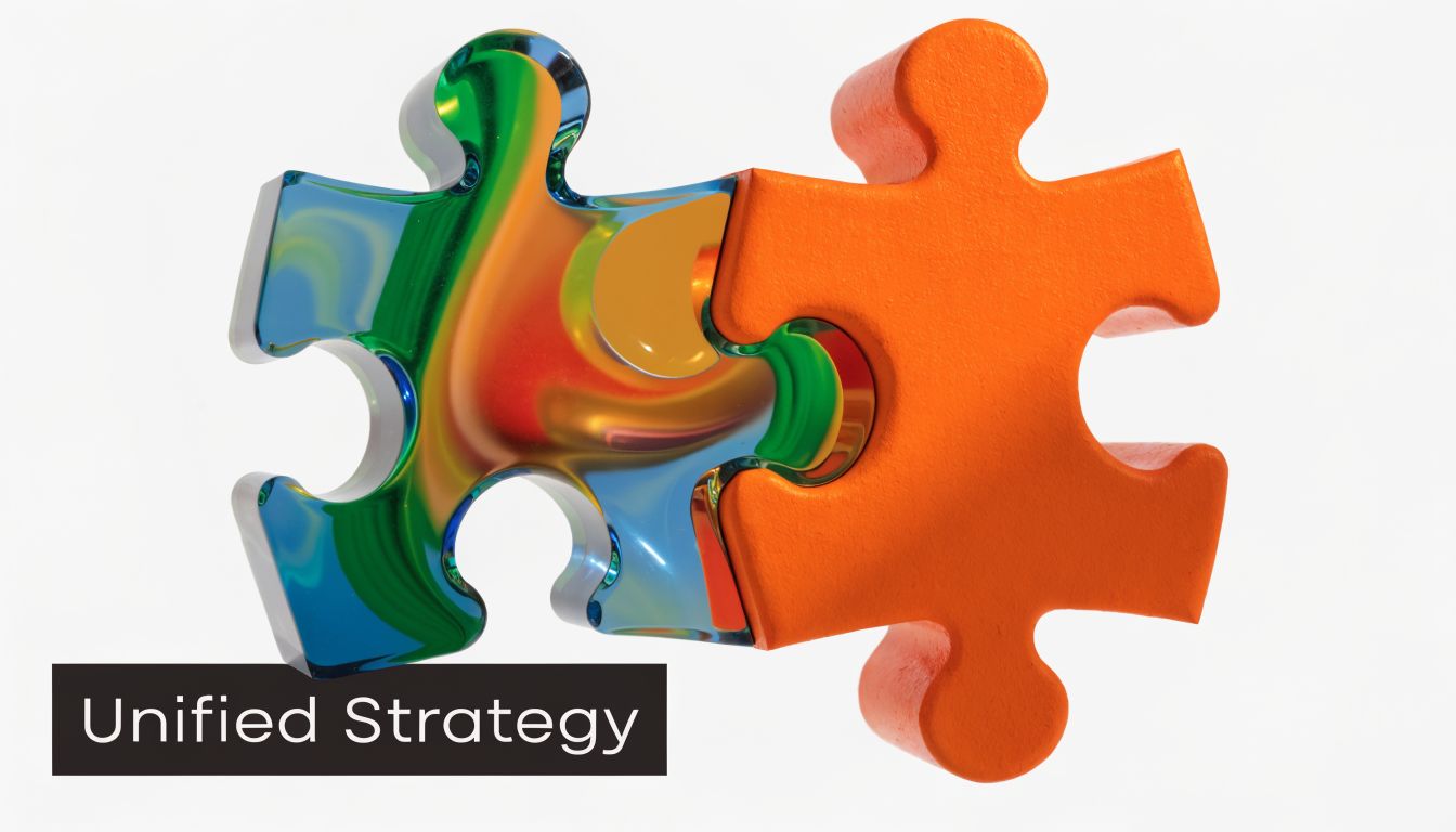 A glossy colorful jigsaw puzzle piece connecting to a solid matte orange puzzle piece on white.
