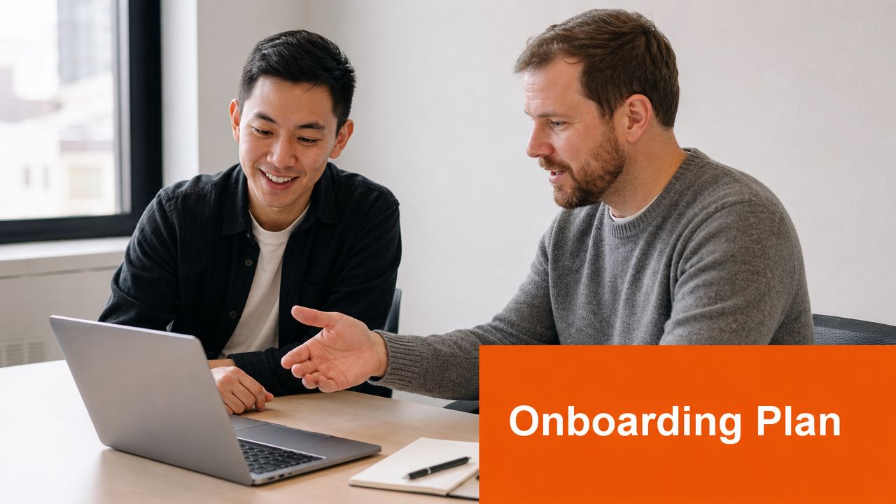 A professional mentor and a new employee discussing an onboarding plan on a laptop computer together.