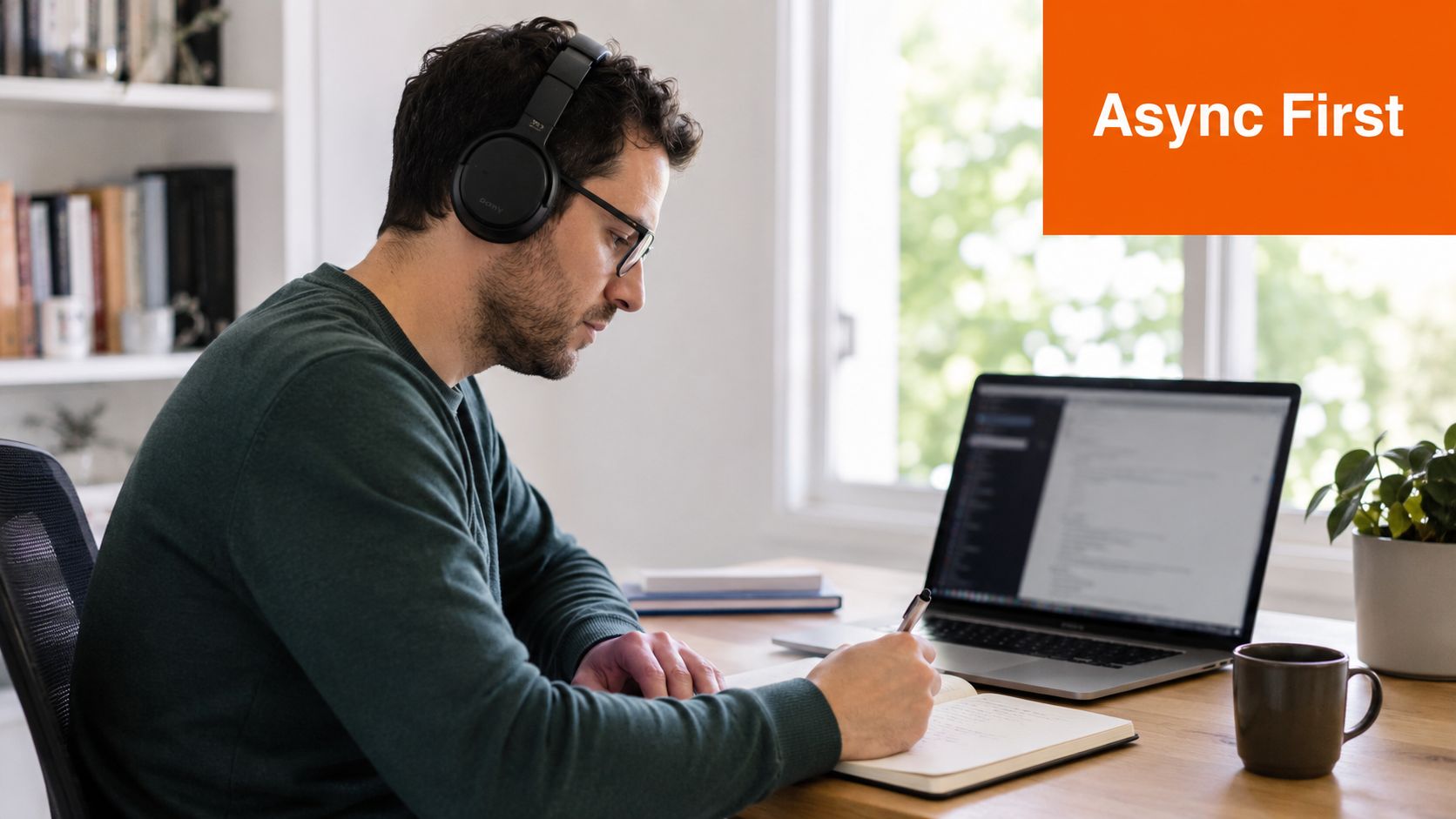 A man wearing headphones works at his desk, writing in a notebook next to his laptop.