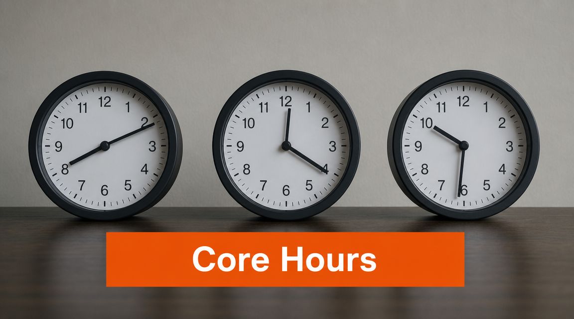 Three wall clocks on a wooden surface showing different times with a Core Hours sign below.