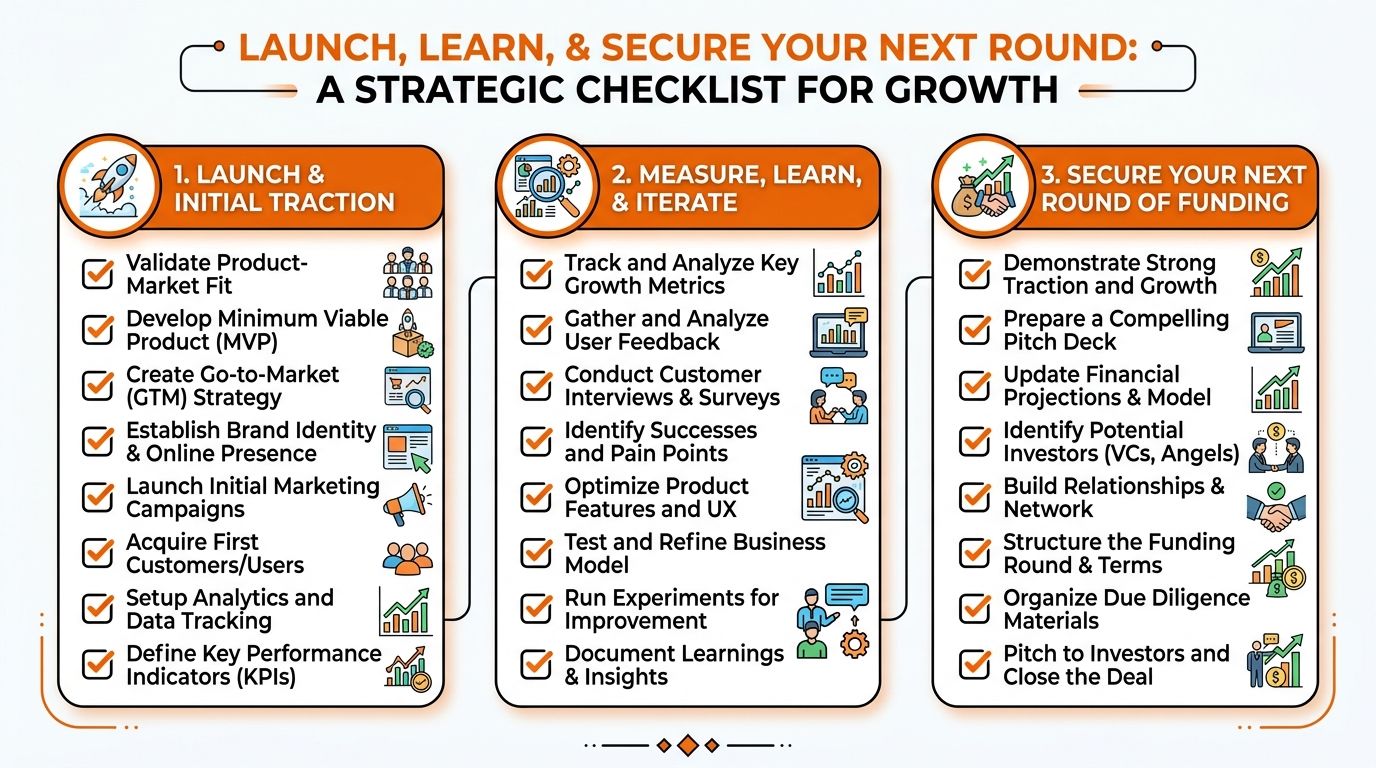 A strategic checklist infographic for startups outlining the steps for product launch, growth, and securing funding.