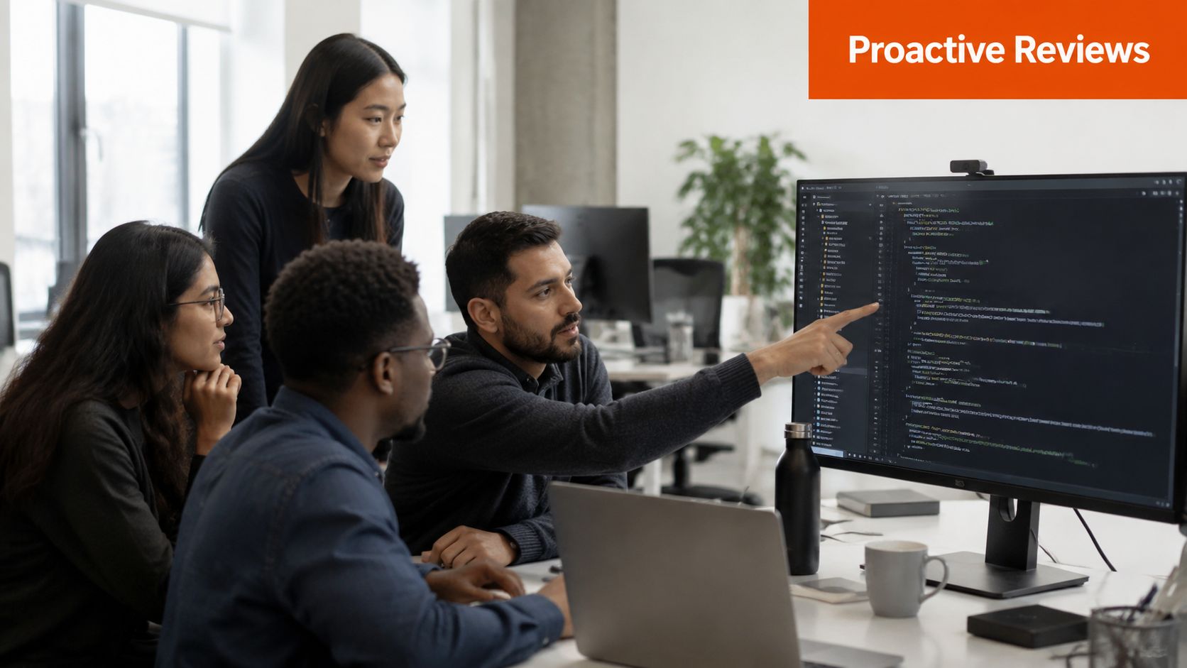 A diverse team of software developers collaborating on a code review in a modern office workspace.