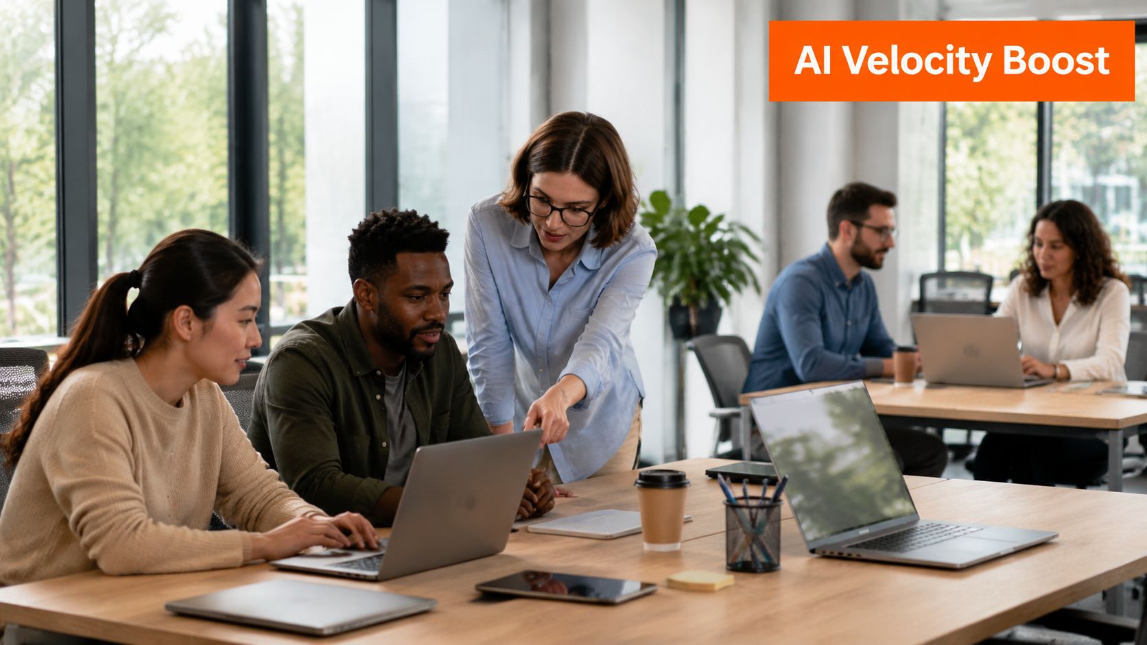 A diverse group of professional colleagues collaborating on a project using laptops in a modern office space.