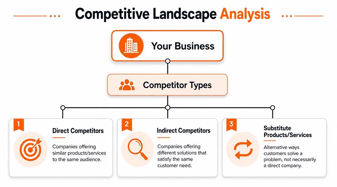 A diagram outlining the Competitive Landscape Analysis framework, displaying business, competitor types, direct, indirect, and substitute categories.