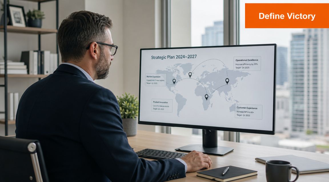 A professional man in a suit looking at a business strategic plan on his office computer screen.