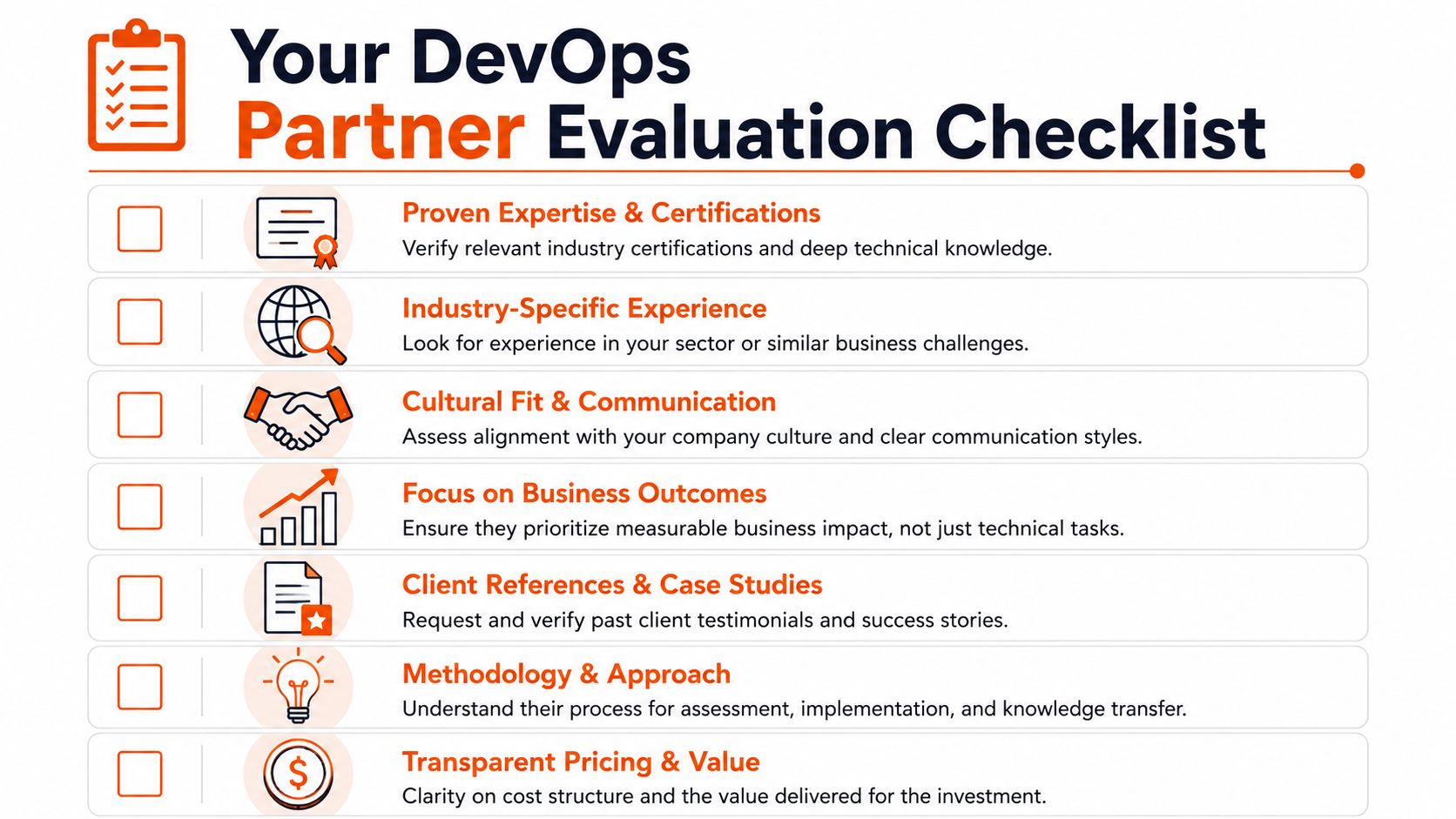 A checklist infographic titled Your DevOps Partner Evaluation Checklist, highlighting seven key criteria for choosing a partner.