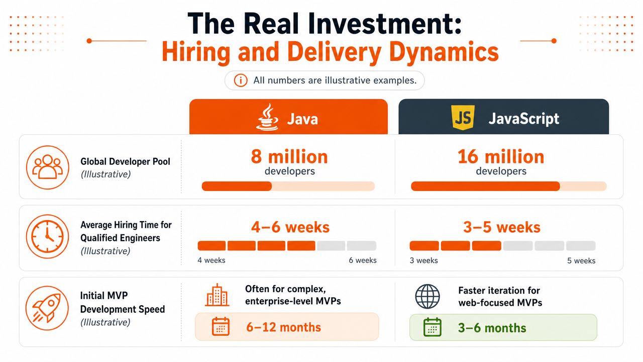 A comparison chart showing differences in hiring dynamics and MVP development speed between Java and JavaScript developers.