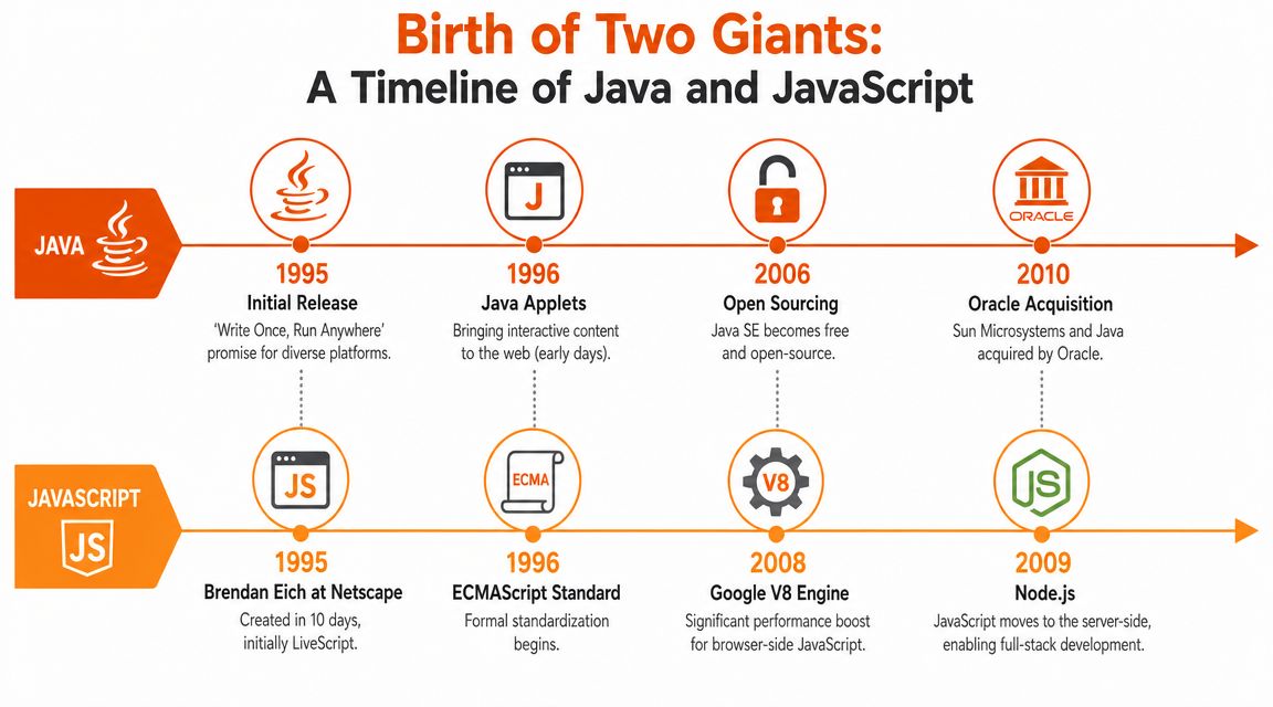 A timeline graphic illustrating the historical milestones of the Java and JavaScript programming languages from 1995 onwards.