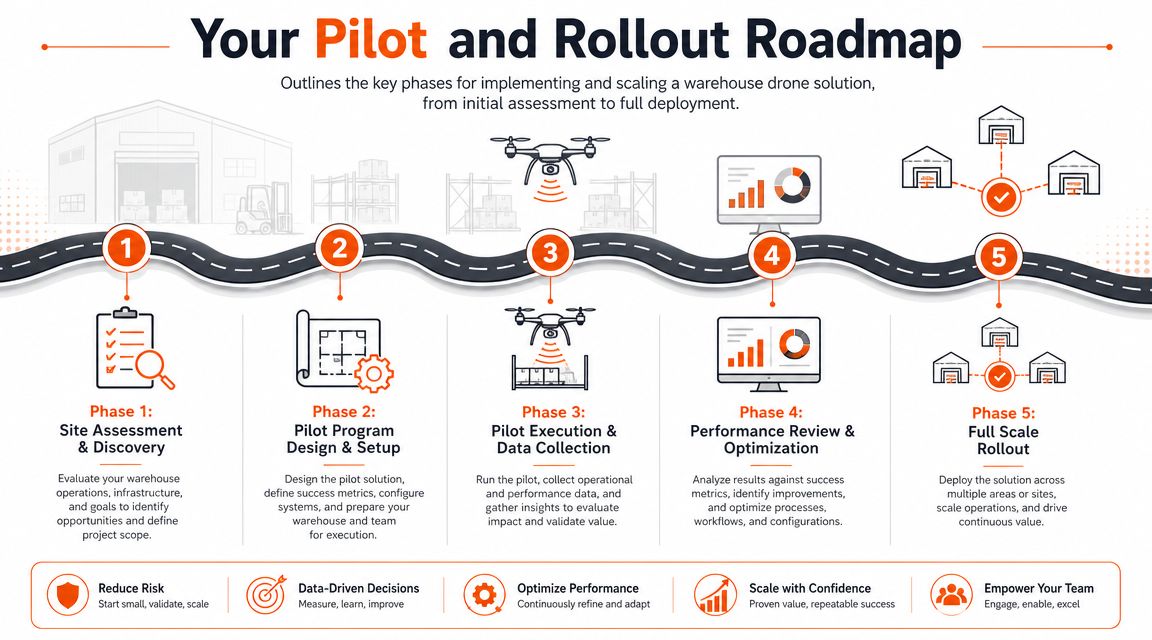 A five-phase infographic roadmap illustrating the implementation and scaling process for warehouse drone technology solutions.