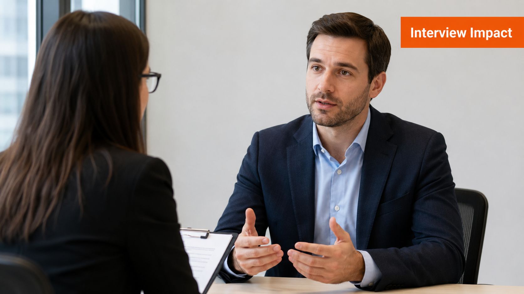A professional interviewer speaking with a candidate during a business meeting in a bright office setting.
