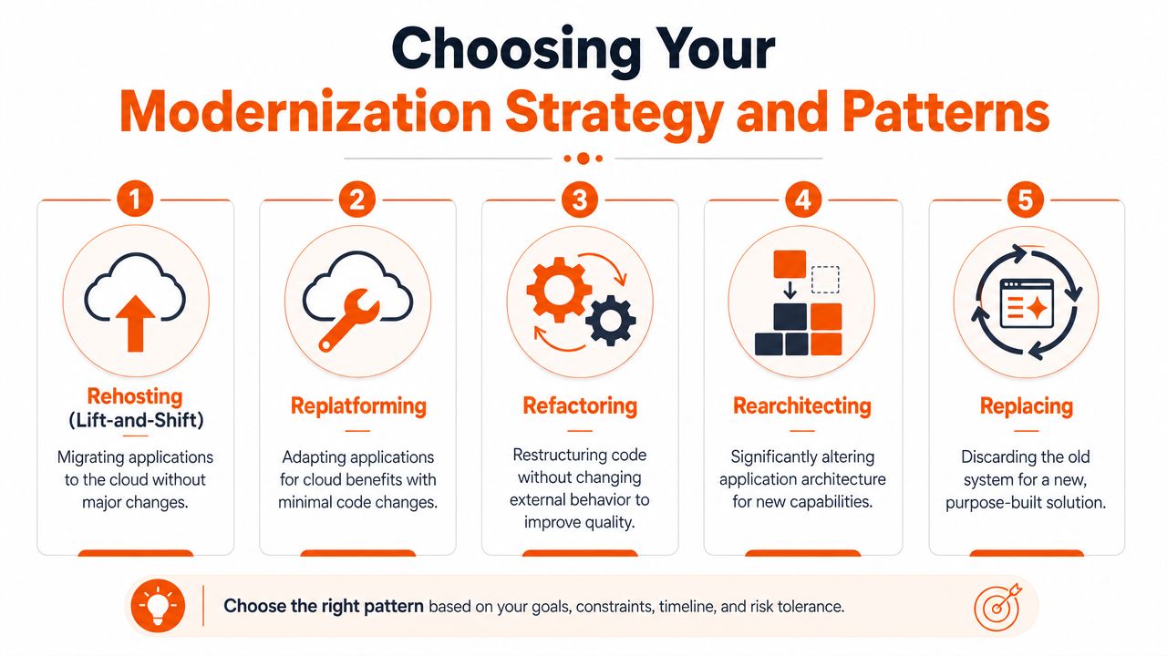 A diagram illustrating five cloud modernization strategies: rehosting, replatforming, refactoring, rearchitecting, and replacing.