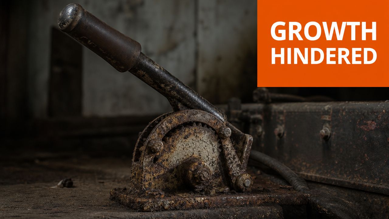 A close-up view of an old, rusted metal manual lever mechanism on industrial equipment.